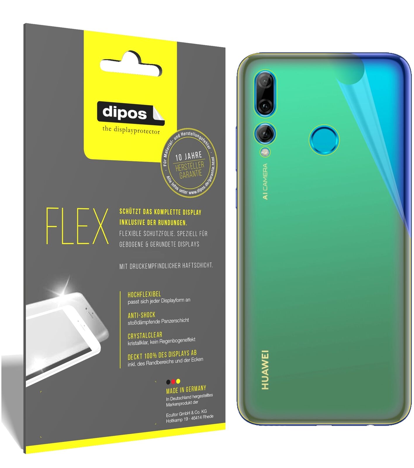 HuaweiP Smart Plus (2019) Rückseite mit aufgebrachter dipos Displayschutzfolie, glasklare Darstellung ohne Einschränkungen