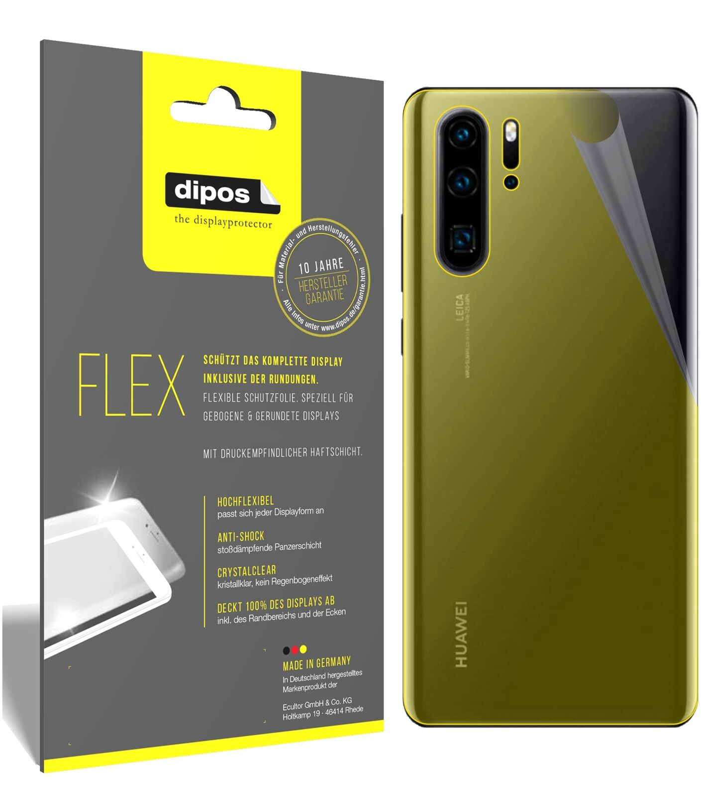 HuaweiP30 Pro Rückseite mit aufgebrachter dipos Displayschutzfolie, glasklare Darstellung ohne Einschränkungen