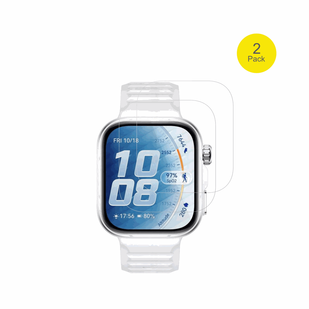 HuaweiWatch Fit 5 Pro mit aufgebrachter dipos Displayschutzfolie, glasklare Darstellung ohne Einschränkungen