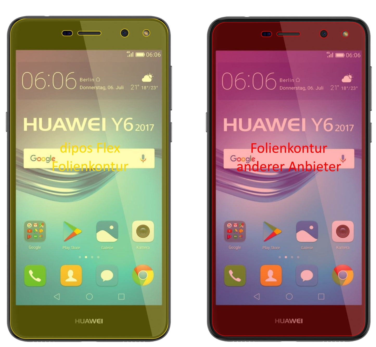 HuaweiY6 (2017) mit aufgebrachter dipos Displayschutzfolie, glasklare Darstellung ohne Einschränkungen