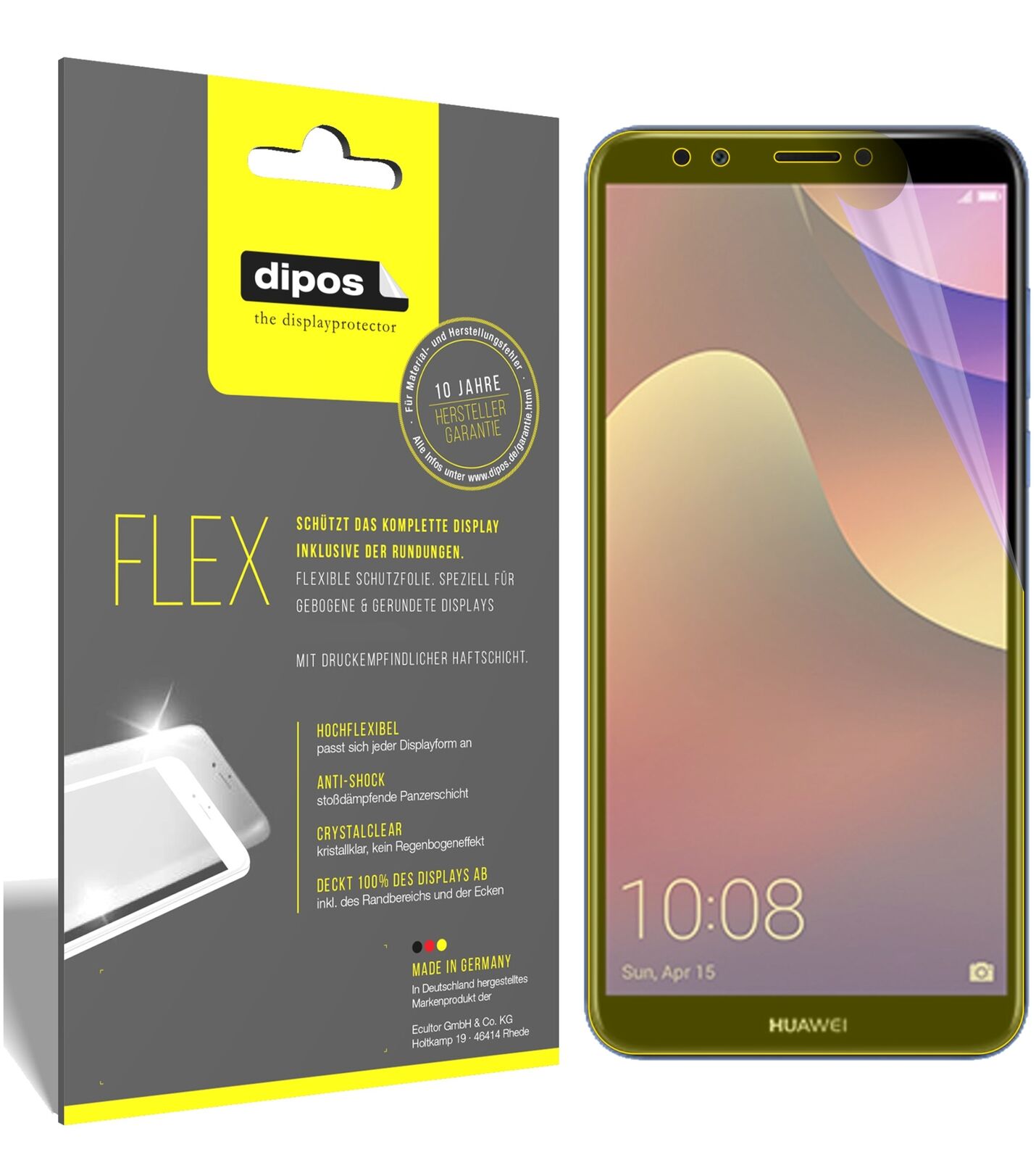 HuaweiY7 Prime (2018) mit aufgebrachter dipos Displayschutzfolie, glasklare Darstellung ohne Einschränkungen