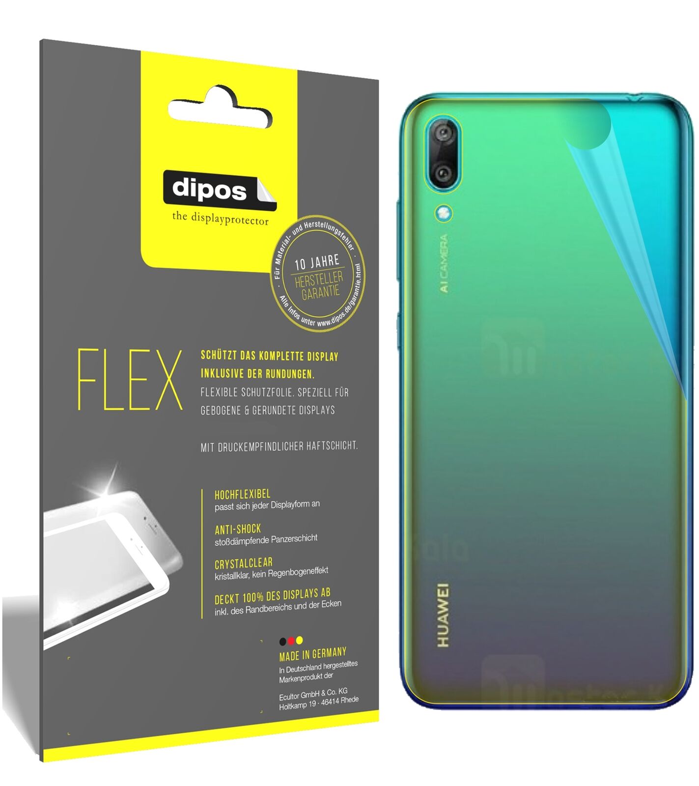 HuaweiEnjoy 9 Rückseite mit aufgebrachter dipos Displayschutzfolie, glasklare Darstellung ohne Einschränkungen
