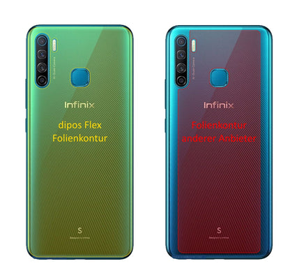 InfinixS5 Rückseite mit aufgebrachter dipos Displayschutzfolie, glasklare Darstellung ohne Einschränkungen