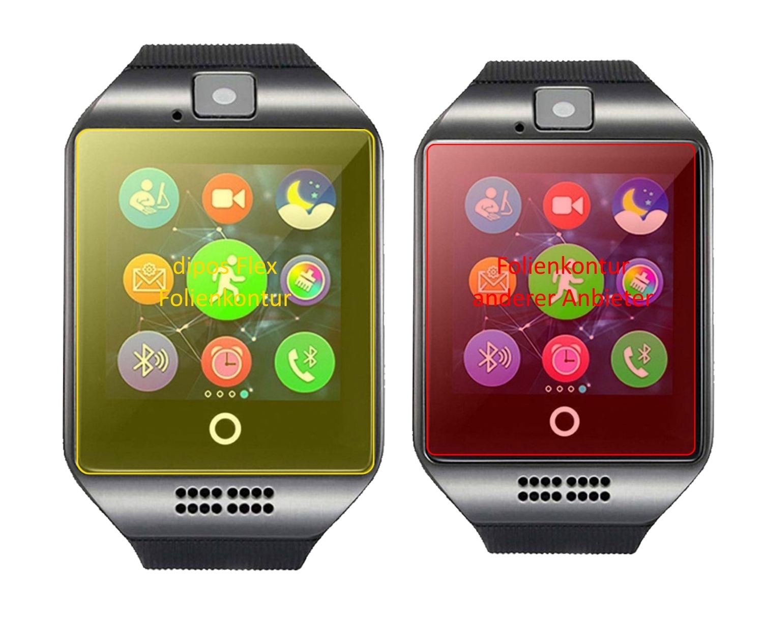 InterActiveSmartWatch Q18 mit aufgebrachter dipos Displayschutzfolie, glasklare Darstellung ohne Einschränkungen