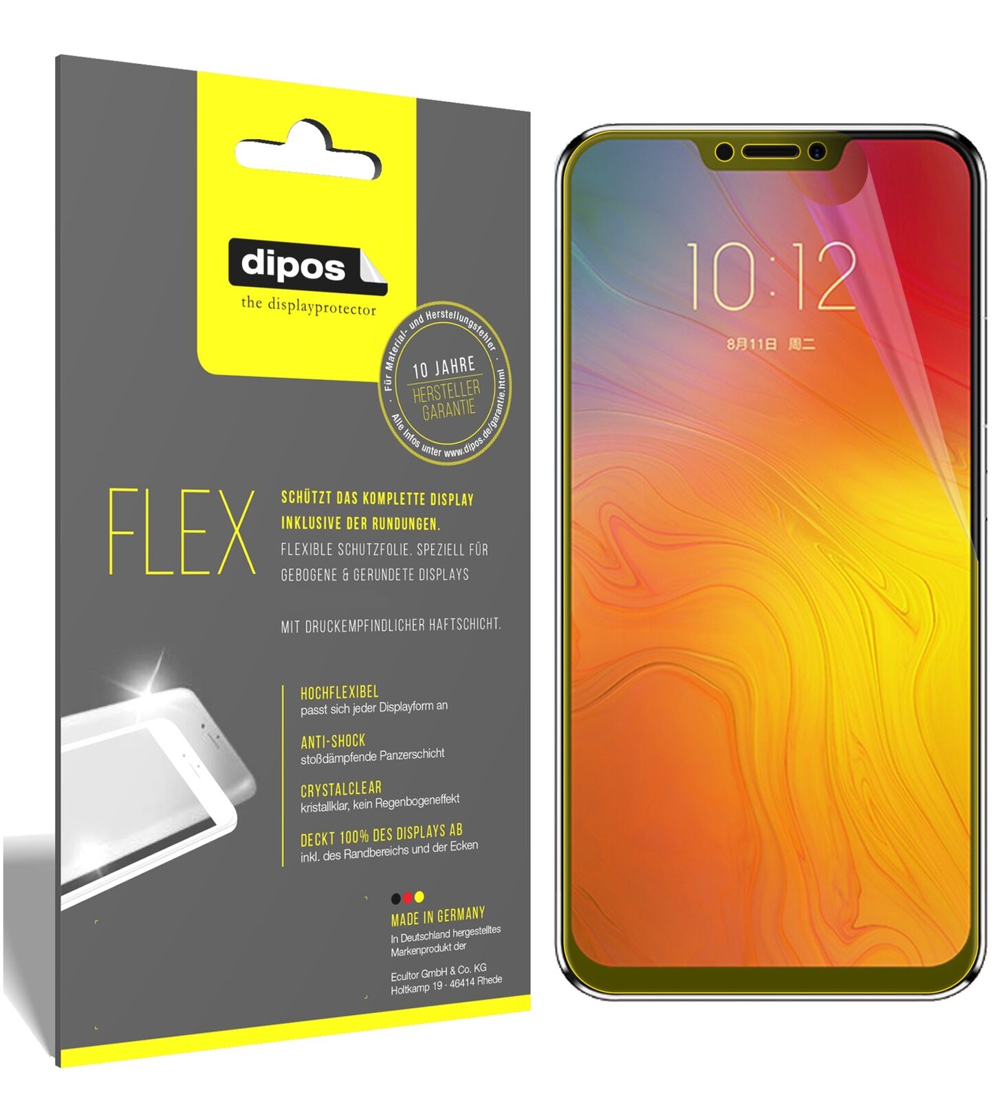 LenovoZ5 mit aufgebrachter dipos Displayschutzfolie, glasklare Darstellung ohne Einschränkungen