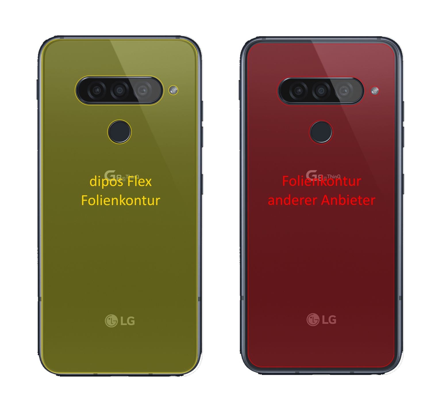 LGG8s ThinQ Rückseite mit aufgebrachter dipos Displayschutzfolie, glasklare Darstellung ohne Einschränkungen