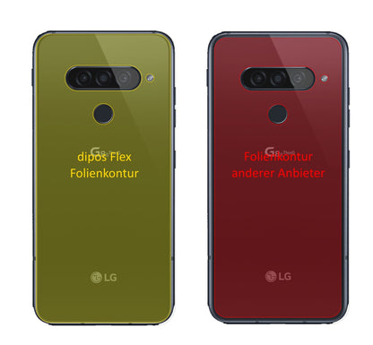 LGG8s ThinQ Rückseite mit aufgebrachter dipos Displayschutzfolie, glasklare Darstellung ohne Einschränkungen