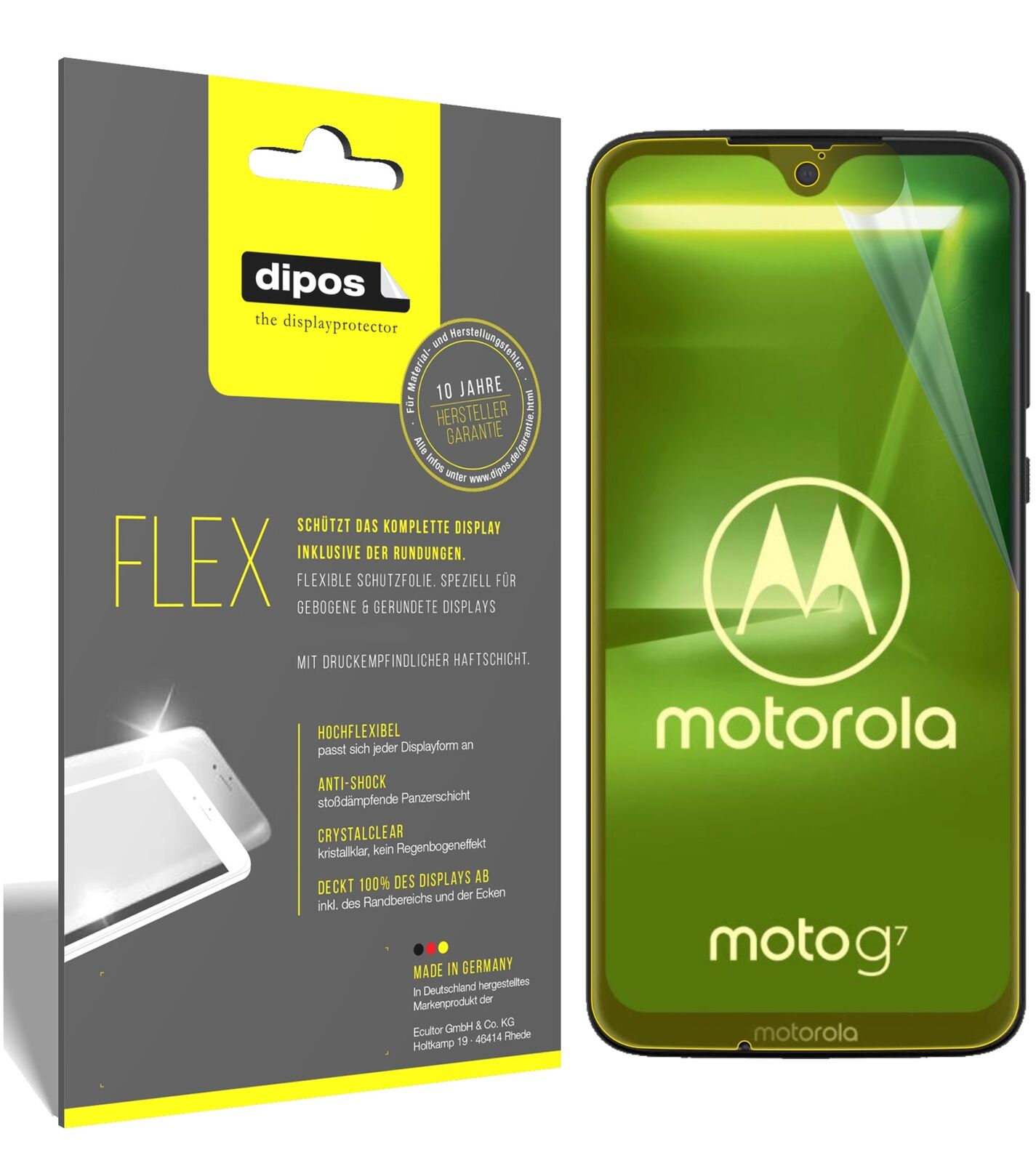 MotorolaMoto G7 mit aufgebrachter dipos Displayschutzfolie, glasklare Darstellung ohne Einschränkungen