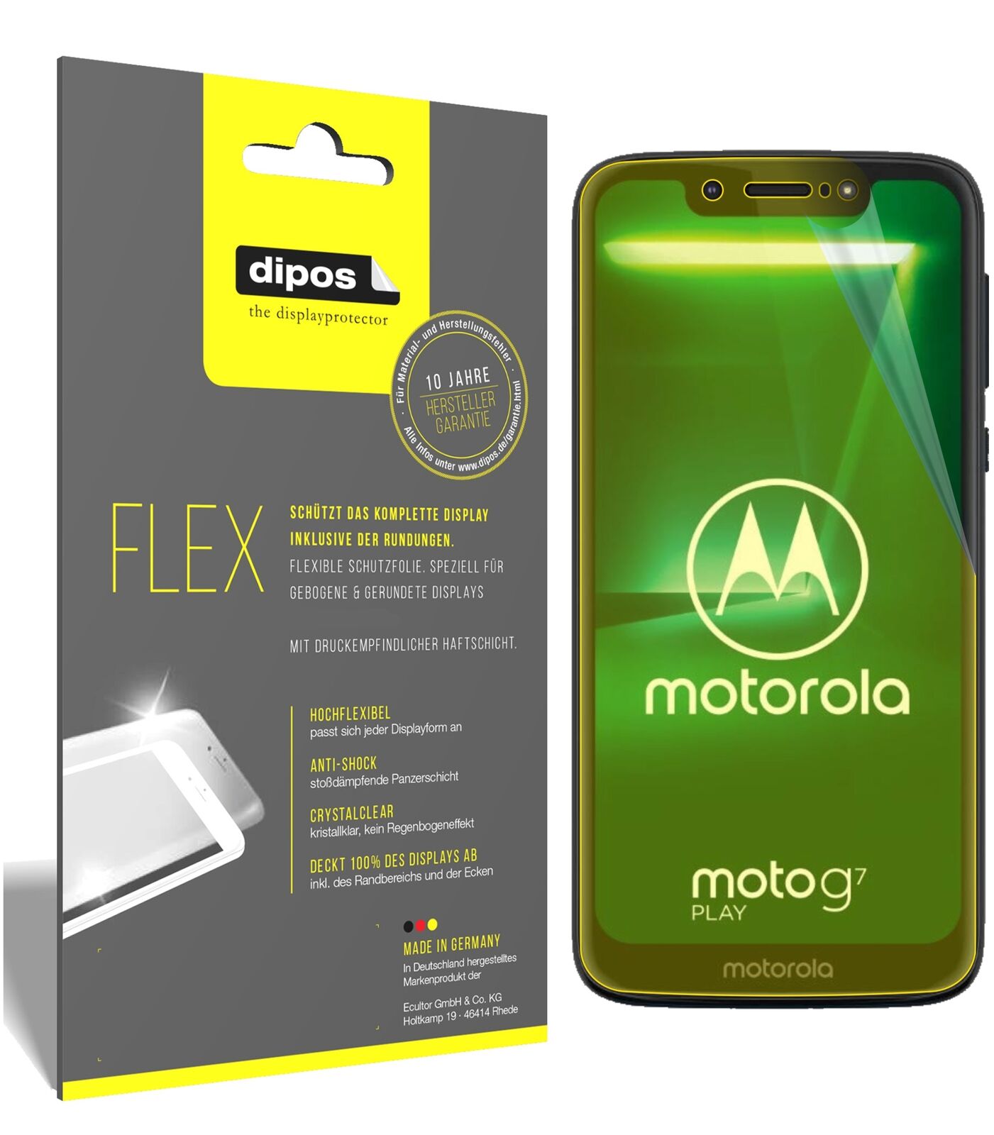 MotorolaMoto G7 Play mit aufgebrachter dipos Displayschutzfolie, glasklare Darstellung ohne Einschränkungen