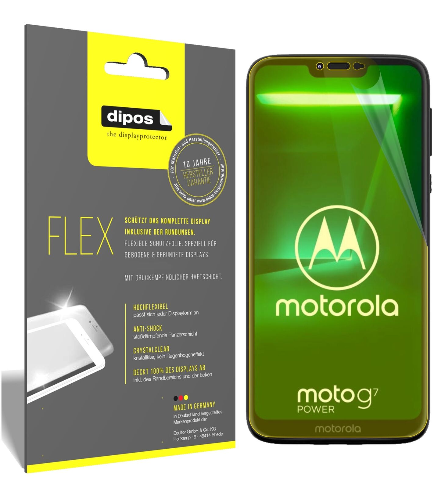 MotorolaMoto G7 Power mit aufgebrachter dipos Displayschutzfolie, glasklare Darstellung ohne Einschränkungen