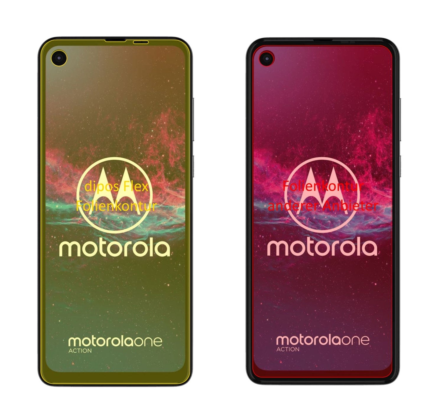 MotorolaOne Action mit aufgebrachter dipos Displayschutzfolie, glasklare Darstellung ohne Einschränkungen