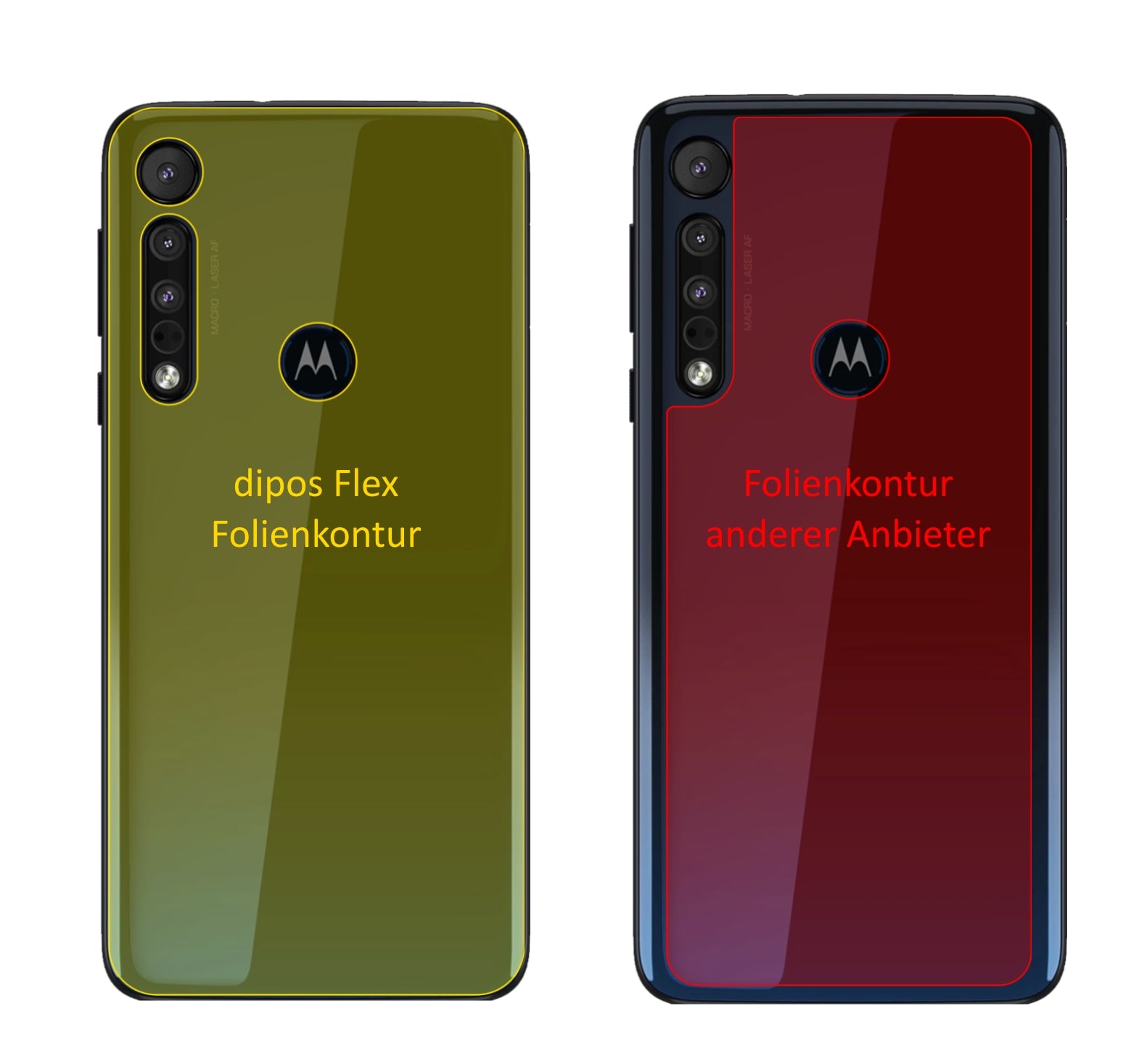 MotorolaOne Macro Rückseite mit aufgebrachter dipos Displayschutzfolie, glasklare Darstellung ohne Einschränkungen