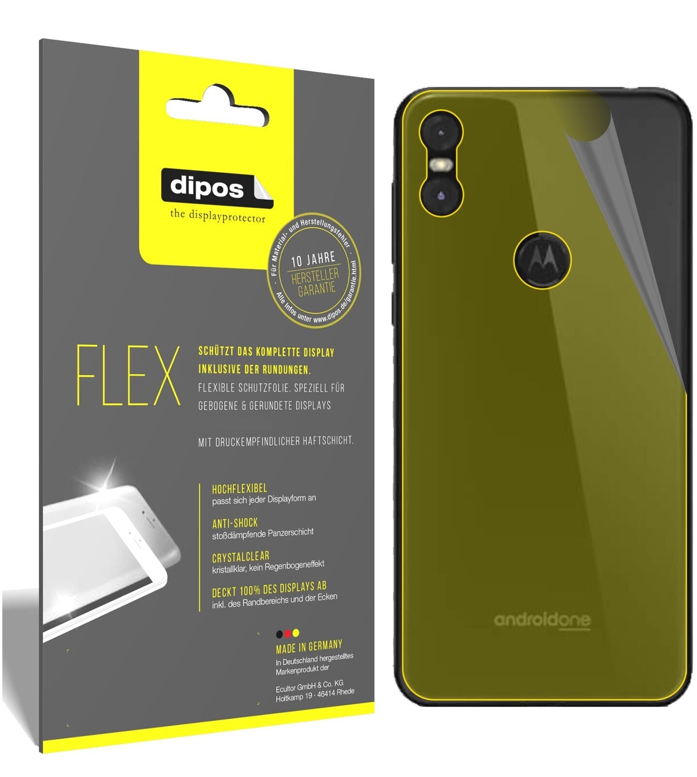 MotorolaOne Rückseite mit aufgebrachter dipos Displayschutzfolie, glasklare Darstellung ohne Einschränkungen