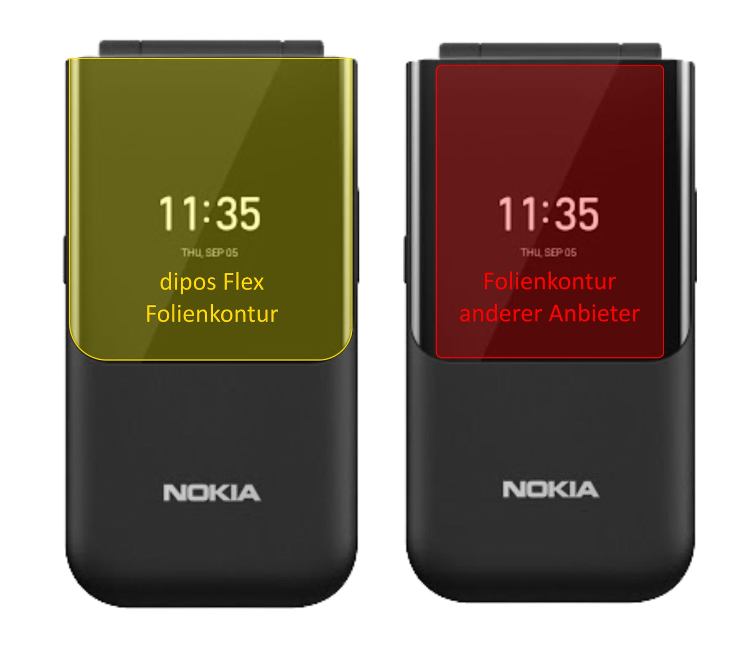 Nokia2720 Flip Rückseite mit aufgebrachter dipos Displayschutzfolie, glasklare Darstellung ohne Einschränkungen