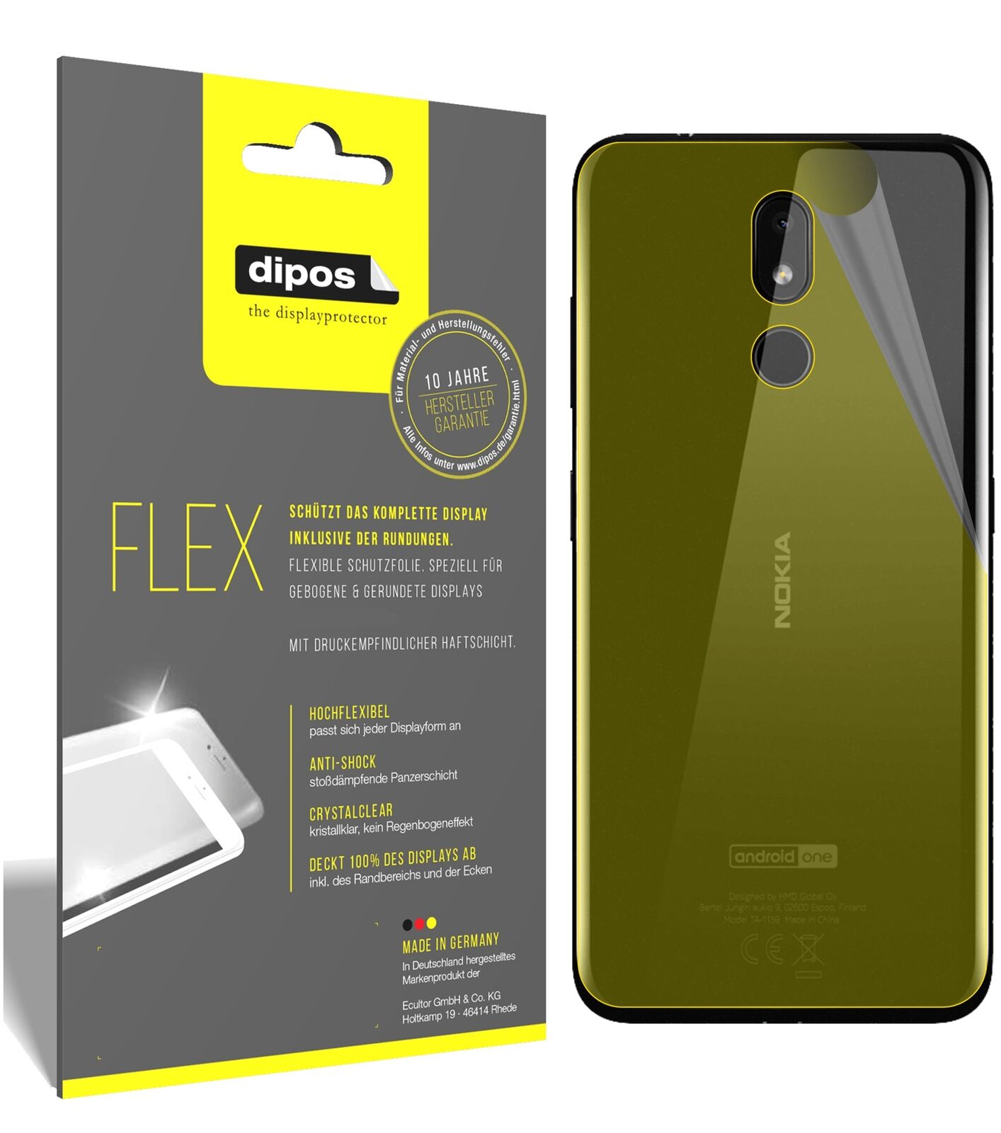 Nokia3.2 Rückseite mit aufgebrachter dipos Displayschutzfolie, glasklare Darstellung ohne Einschränkungen