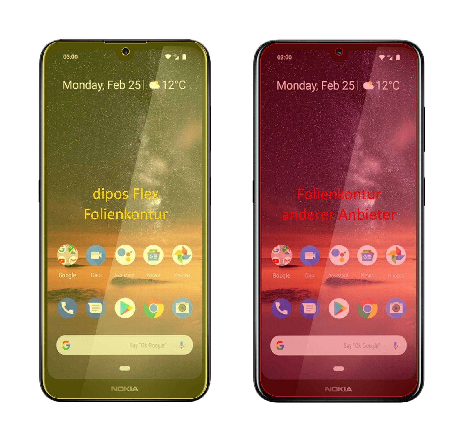 Nokia46056 mit aufgebrachter dipos Displayschutzfolie, glasklare Darstellung ohne Einschränkungen