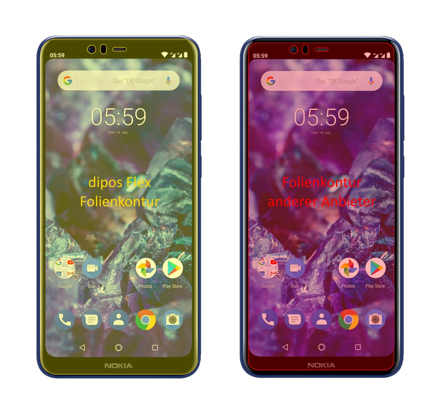 Nokia5.1 Plus mit aufgebrachter dipos Displayschutzfolie, glasklare Darstellung ohne Einschränkungen