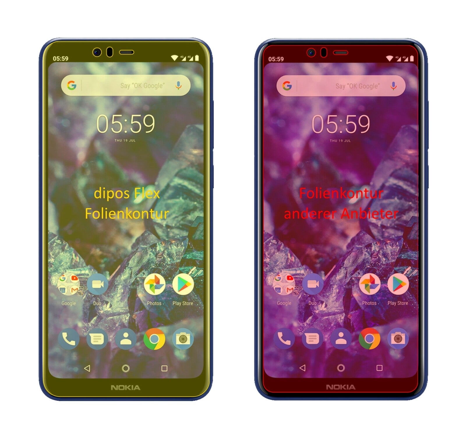 Nokia5.1 Plus mit aufgebrachter dipos Displayschutzfolie, glasklare Darstellung ohne Einschränkungen