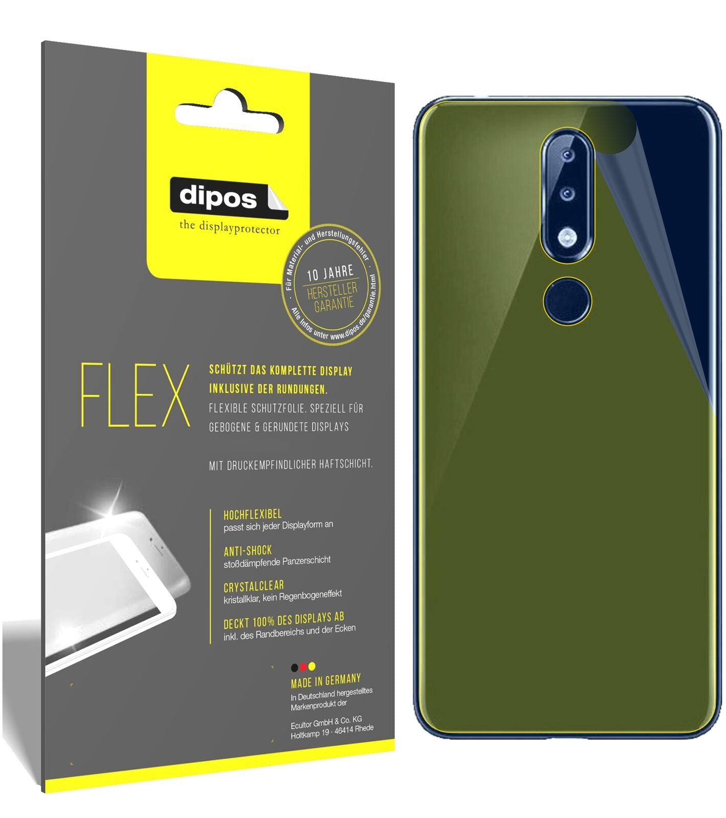Nokia5.1 Plus Rückseite mit aufgebrachter dipos Displayschutzfolie, glasklare Darstellung ohne Einschränkungen