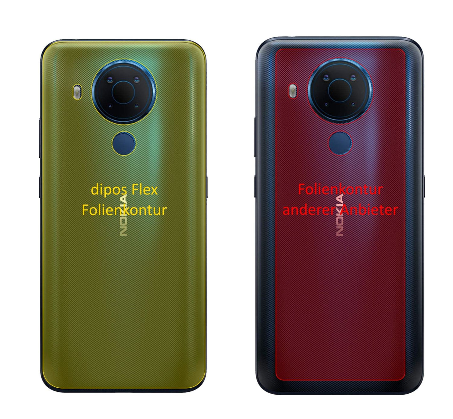 Nokia5.4 Rückseite mit aufgebrachter dipos Displayschutzfolie, glasklare Darstellung ohne Einschränkungen