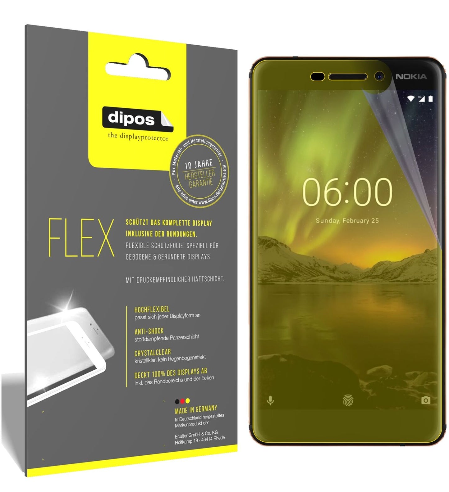 Nokia6 (2018) mit aufgebrachter dipos Displayschutzfolie, glasklare Darstellung ohne Einschränkungen