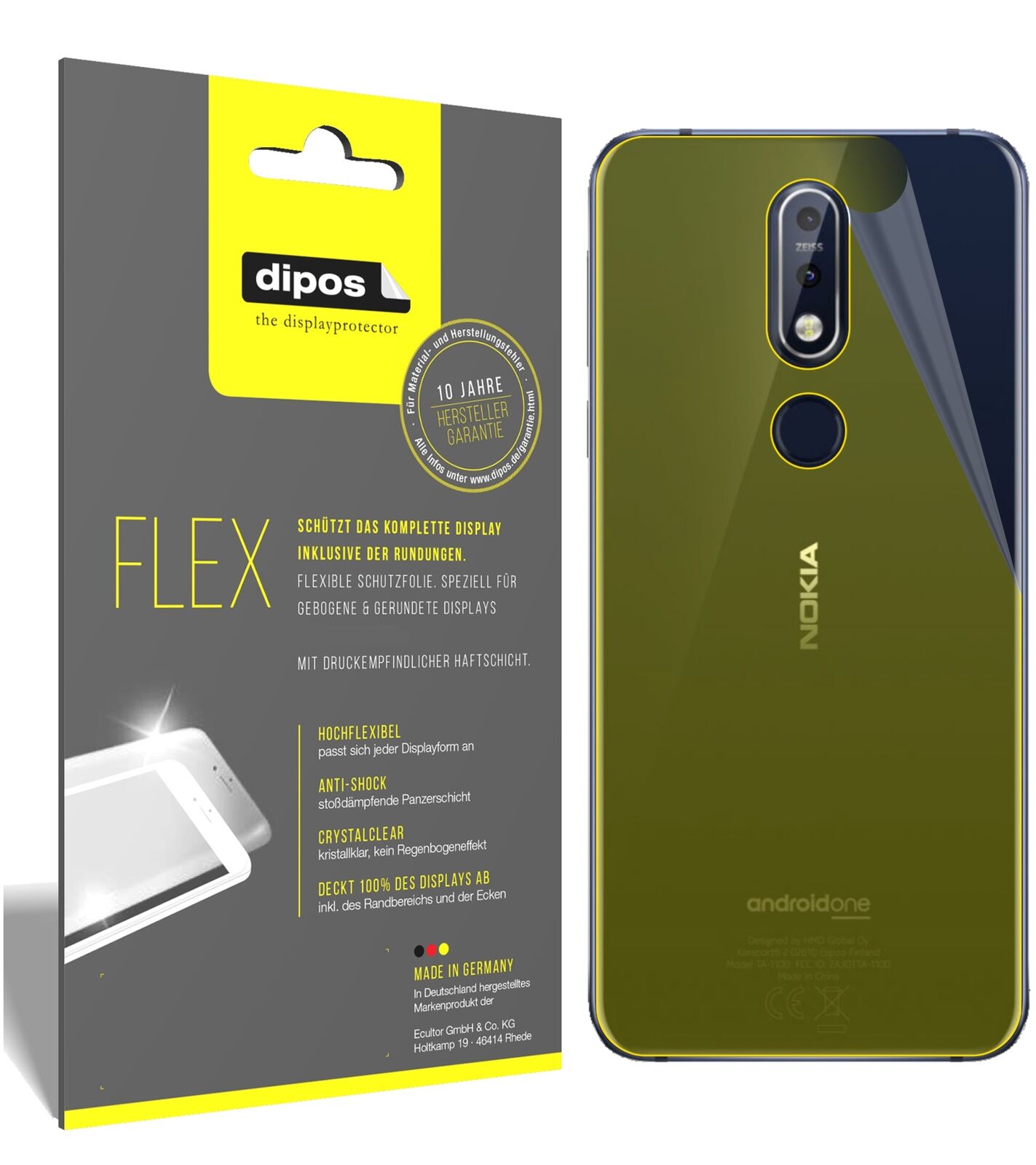 Nokia7.1 Rückseite mit aufgebrachter dipos Displayschutzfolie, glasklare Darstellung ohne Einschränkungen