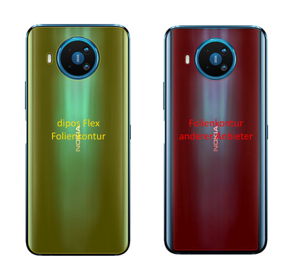 Nokia8.3 5G Rückseite mit aufgebrachter dipos Displayschutzfolie, glasklare Darstellung ohne Einschränkungen