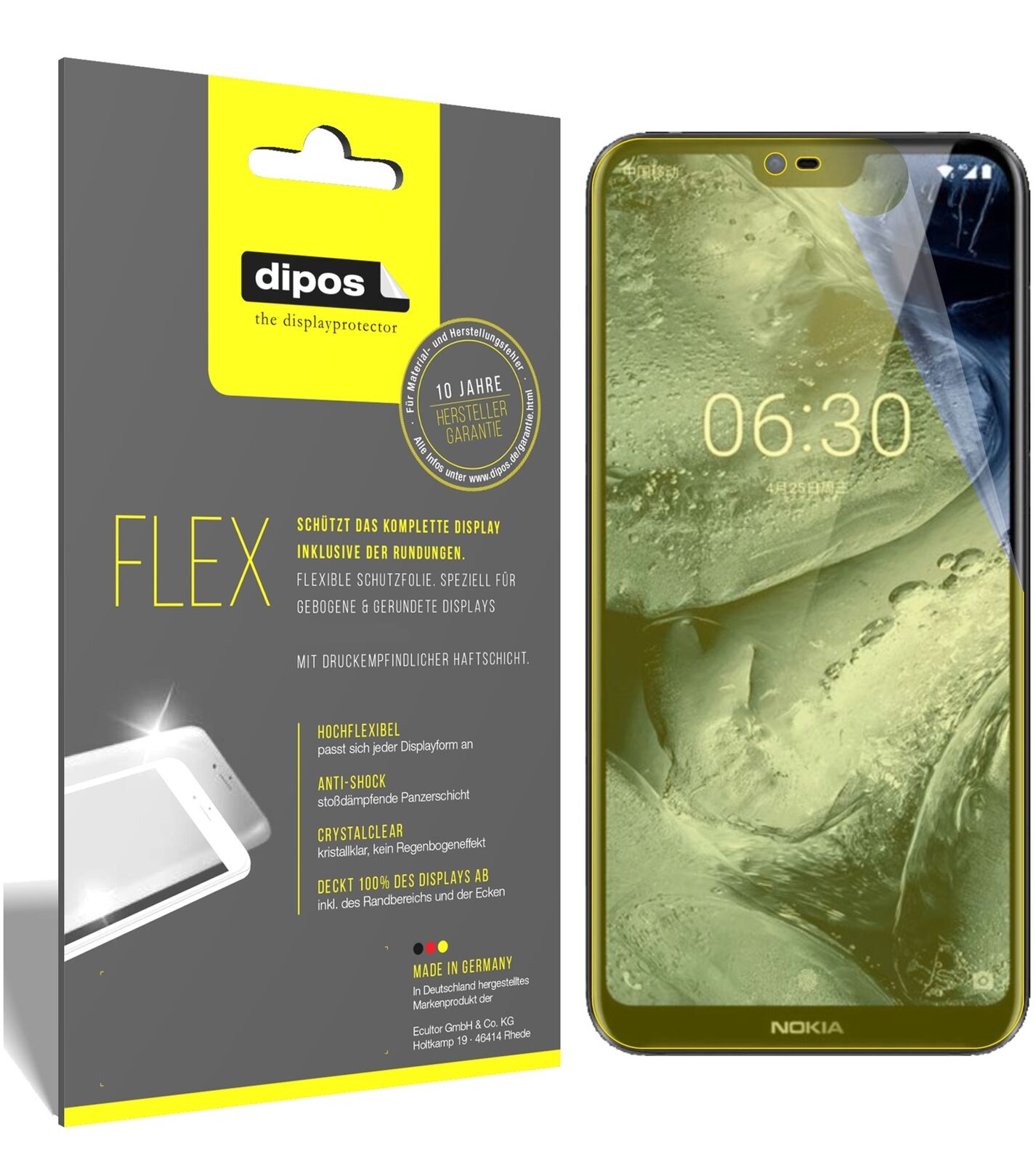 NokiaX6 2018 TA1099 mit aufgebrachter dipos Displayschutzfolie, glasklare Darstellung ohne Einschränkungen