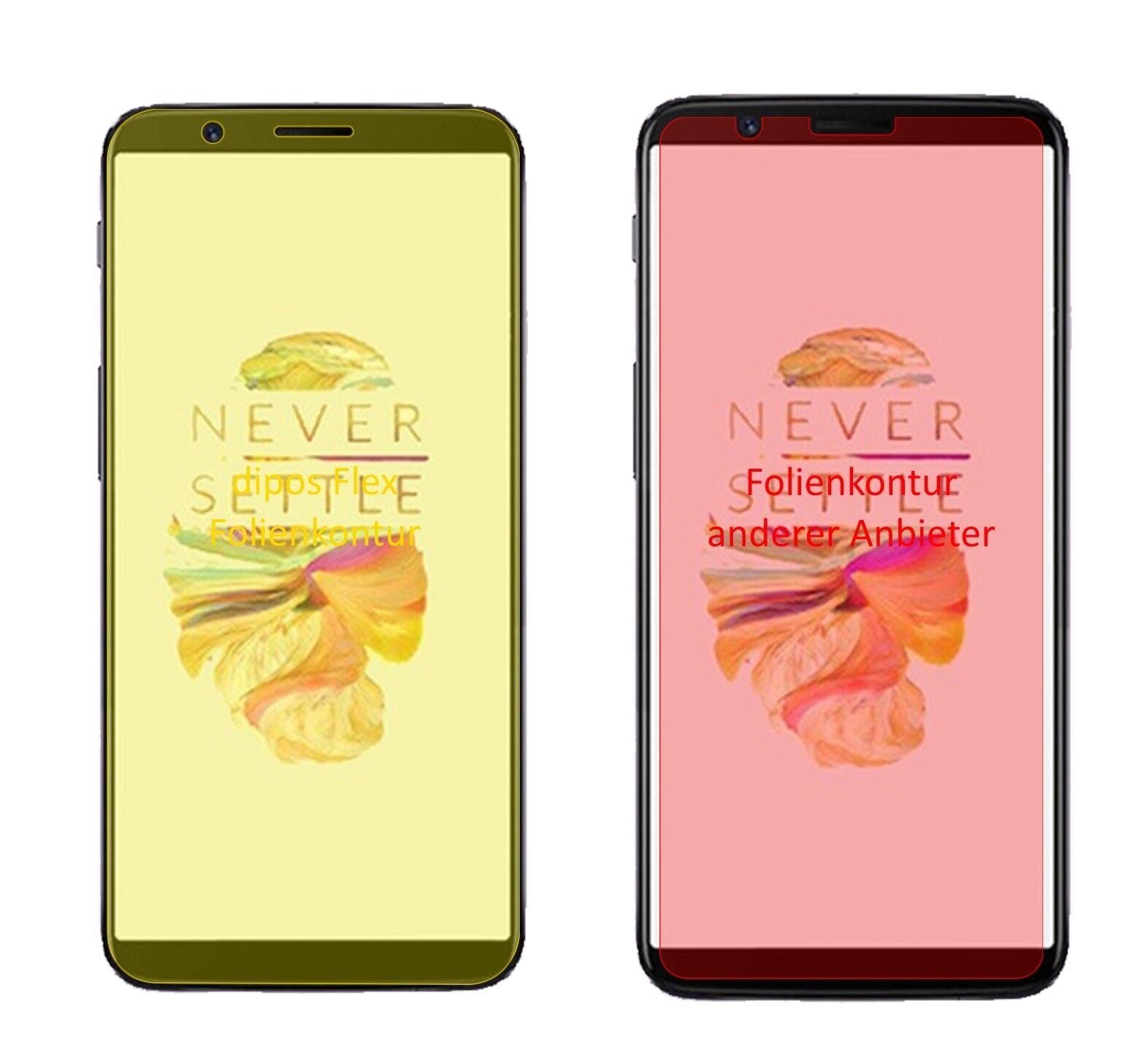 OnePlus5T mit aufgebrachter dipos Displayschutzfolie, glasklare Darstellung ohne Einschränkungen