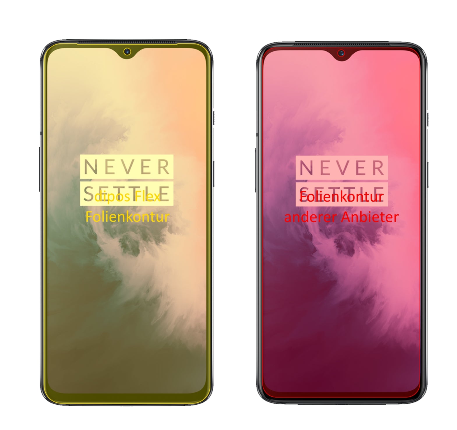 OnePlus7 mit aufgebrachter dipos Displayschutzfolie, glasklare Darstellung ohne Einschränkungen