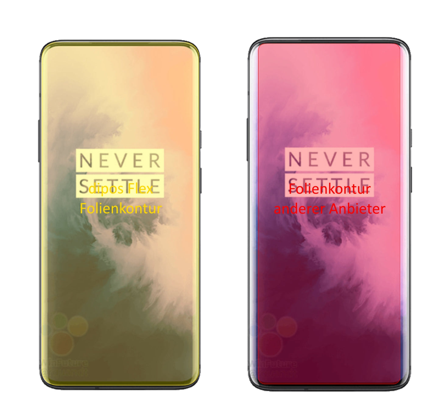OnePlus7T Pro McLaren Edition mit aufgebrachter dipos Displayschutzfolie, glasklare Darstellung ohne Einschränkungen