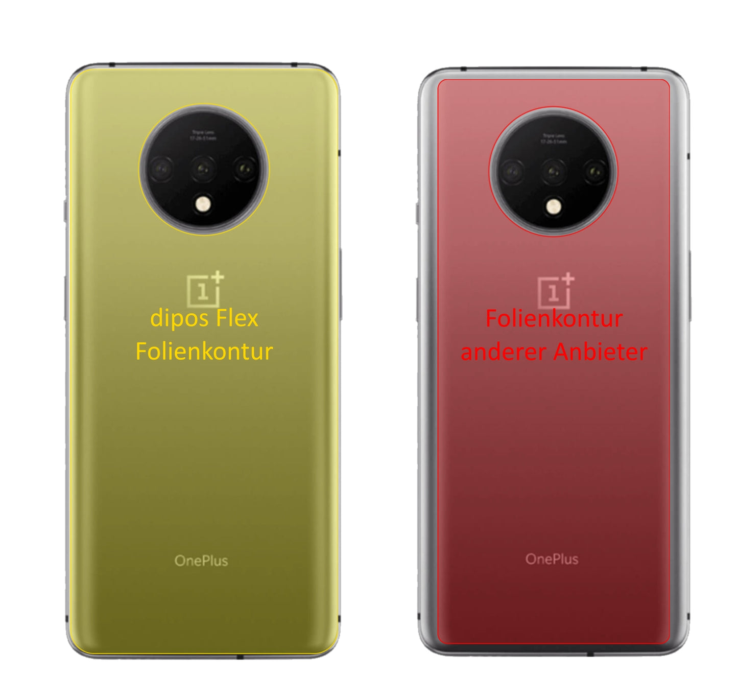 OnePlus7T Rückseite mit aufgebrachter dipos Displayschutzfolie, glasklare Darstellung ohne Einschränkungen