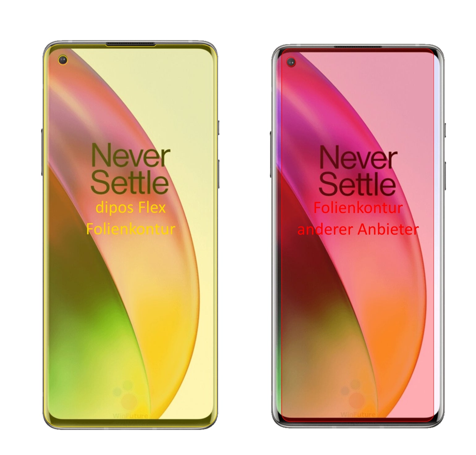 OnePlus8 mit aufgebrachter dipos Displayschutzfolie, glasklare Darstellung ohne Einschränkungen