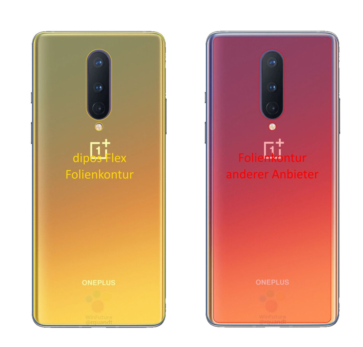 OnePlus8 Rückseite mit aufgebrachter dipos Displayschutzfolie, glasklare Darstellung ohne Einschränkungen