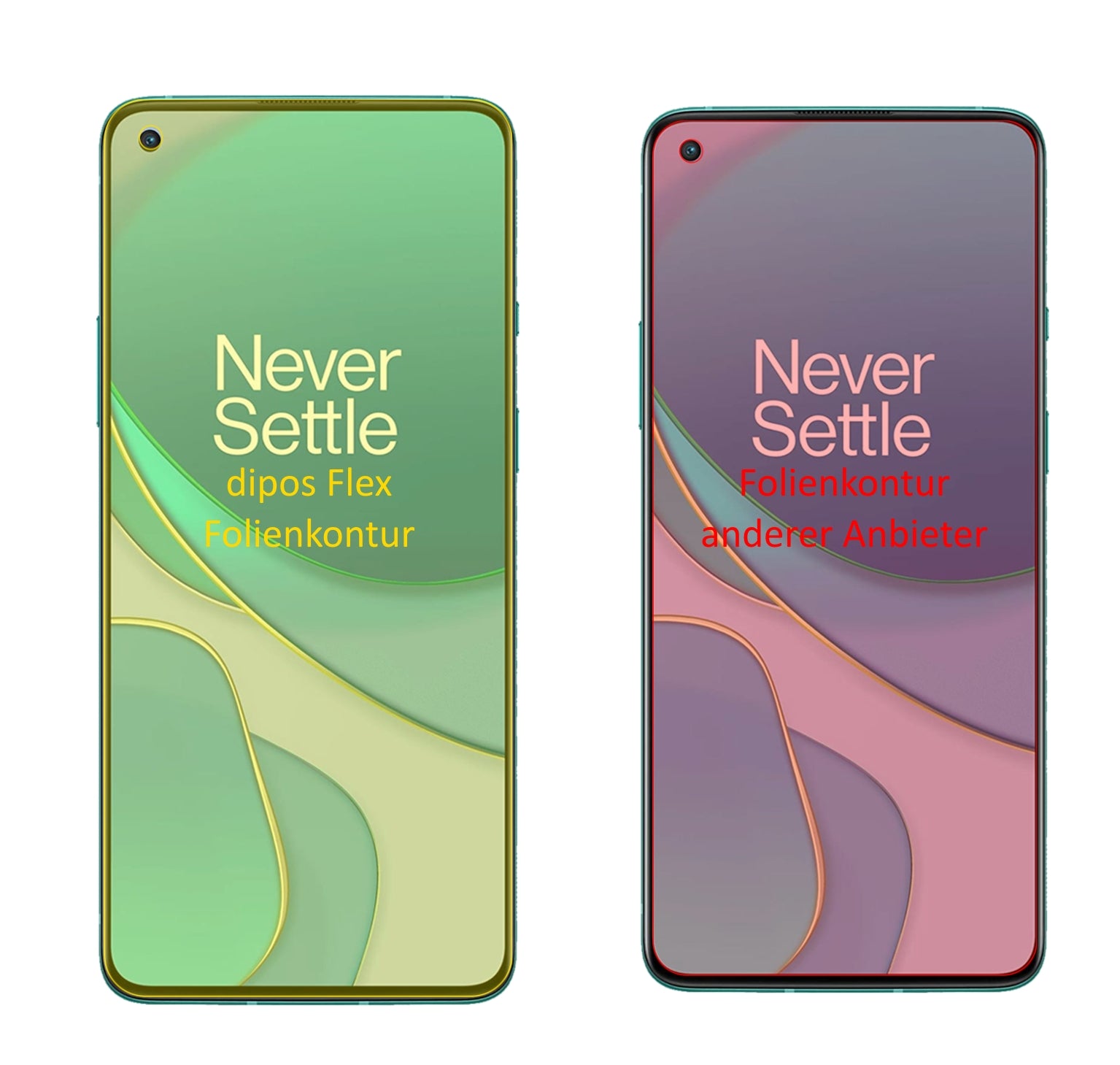 OnePlus8T mit aufgebrachter dipos Displayschutzfolie, glasklare Darstellung ohne Einschränkungen