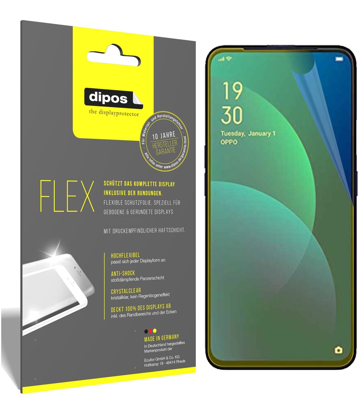 OppoF11 mit aufgebrachter dipos Displayschutzfolie, glasklare Darstellung ohne Einschränkungen