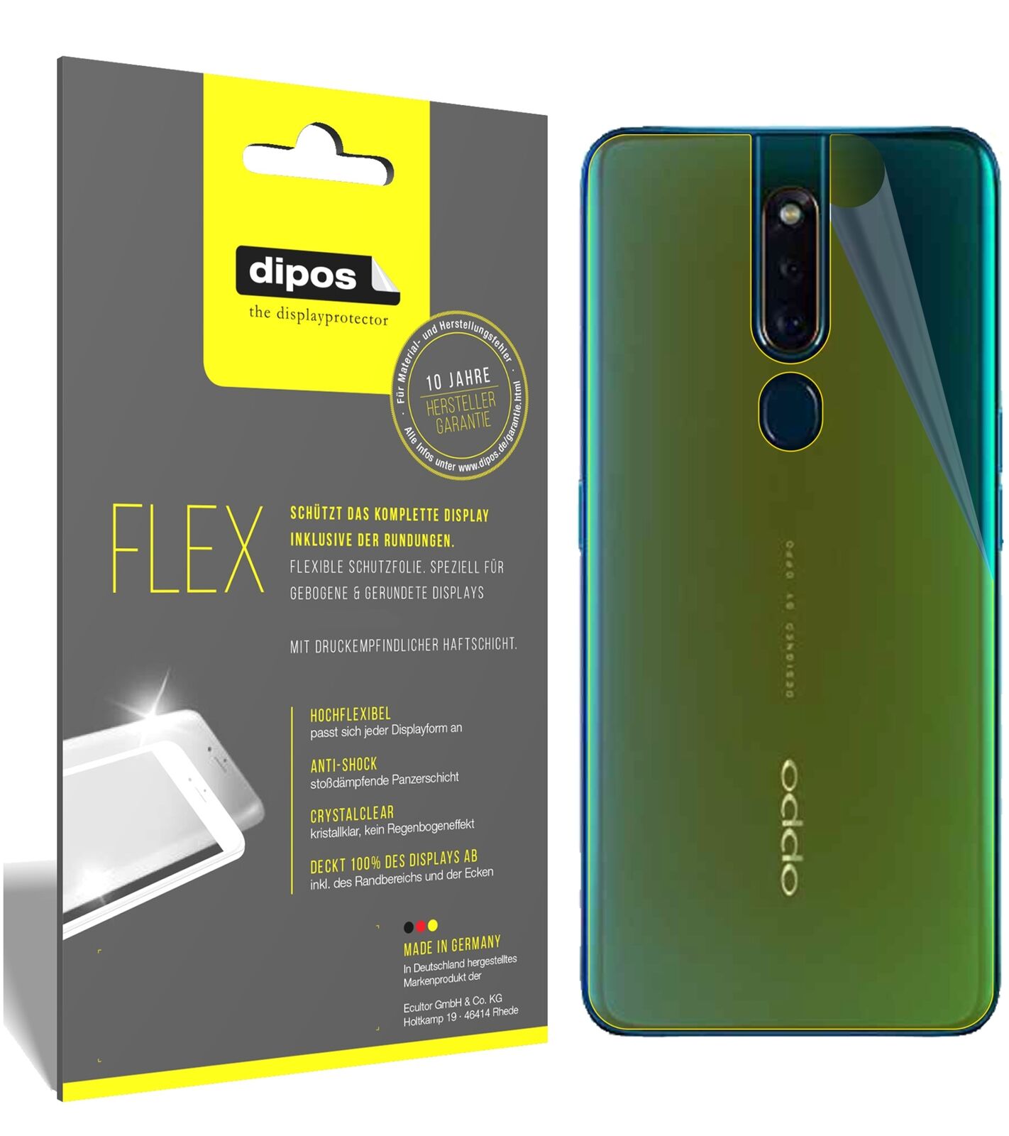 OppoF11 Rückseite mit aufgebrachter dipos Displayschutzfolie, glasklare Darstellung ohne Einschränkungen