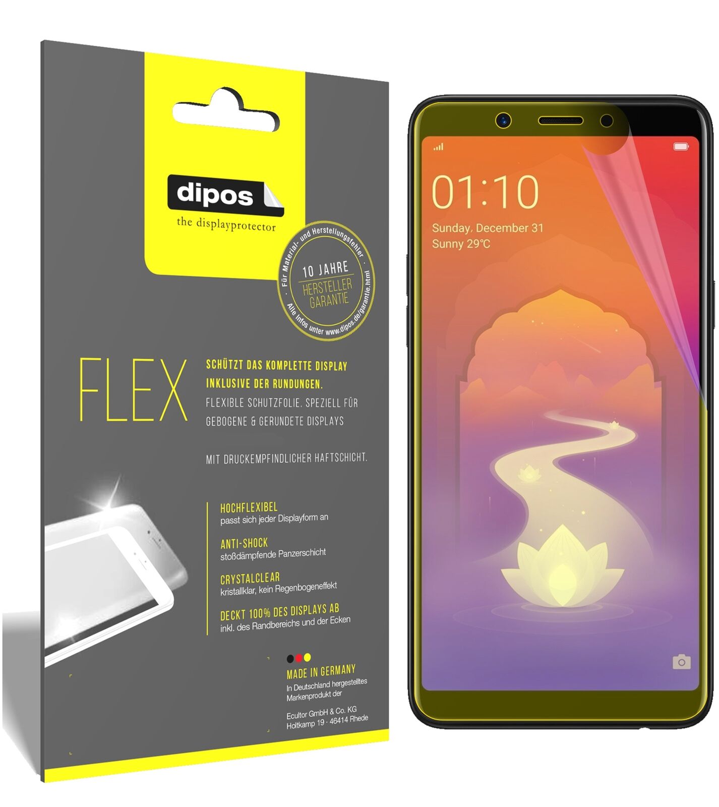 OppoRealme 1 mit aufgebrachter dipos Displayschutzfolie, glasklare Darstellung ohne Einschränkungen