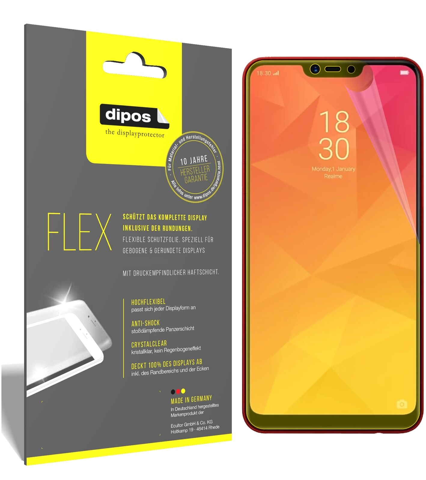 OppoRealme 2 mit aufgebrachter dipos Displayschutzfolie, glasklare Darstellung ohne Einschränkungen