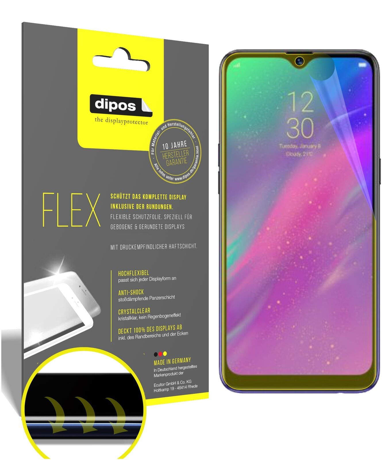 OppoRealme 3 Pro mit aufgebrachter dipos Displayschutzfolie, glasklare Darstellung ohne Einschränkungen