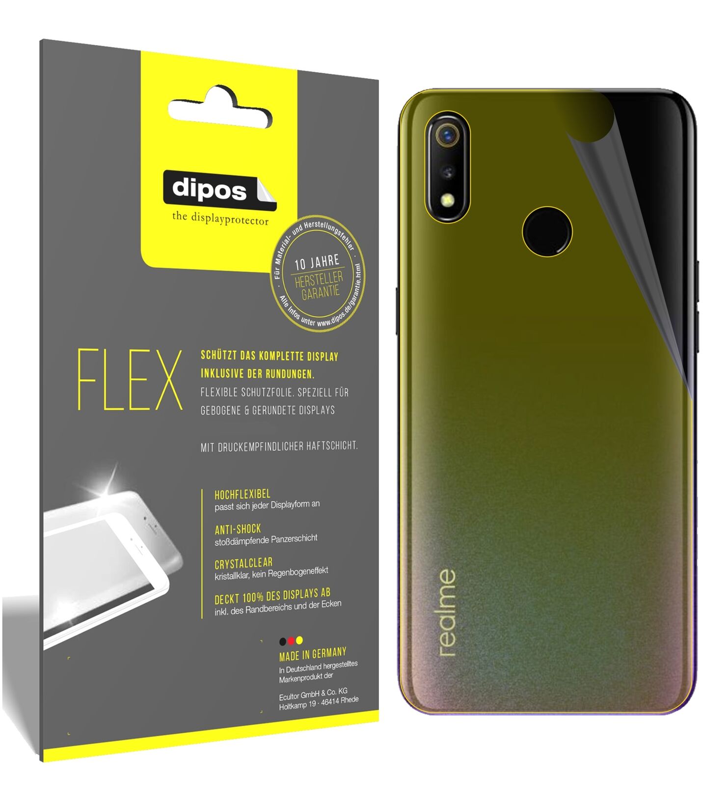 OppoRealme 3 Rückseite mit aufgebrachter dipos Displayschutzfolie, glasklare Darstellung ohne Einschränkungen