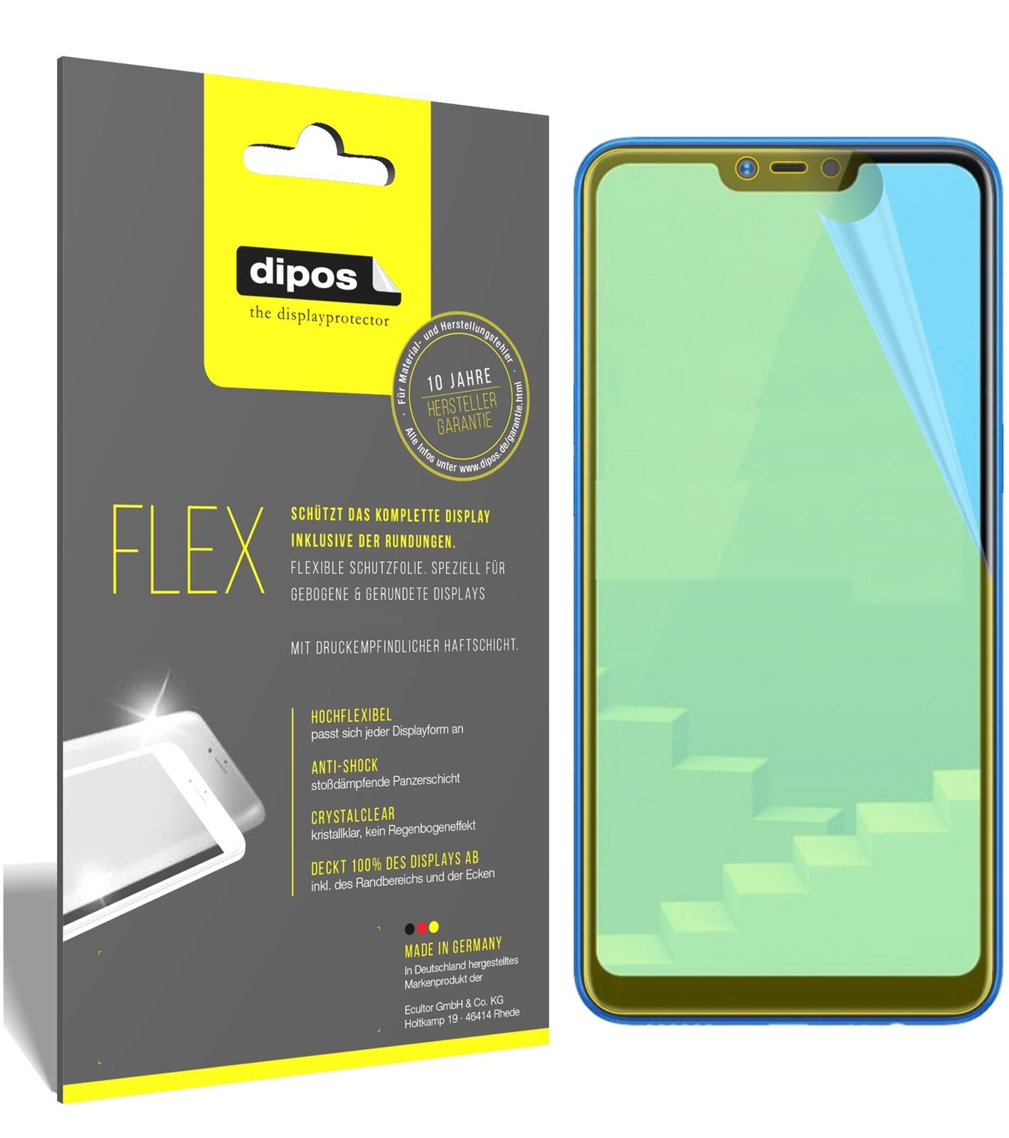 OppoRealme C1 mit aufgebrachter dipos Displayschutzfolie, glasklare Darstellung ohne Einschränkungen