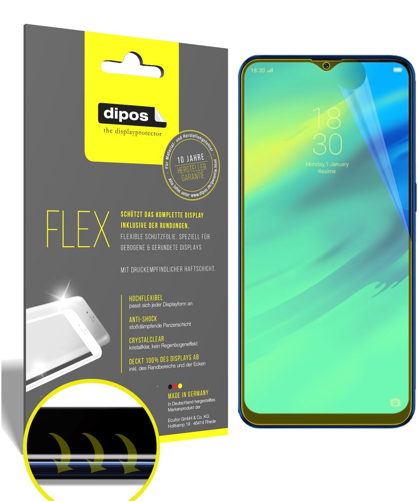 OppoRealme C2 mit aufgebrachter dipos Displayschutzfolie, glasklare Darstellung ohne Einschränkungen