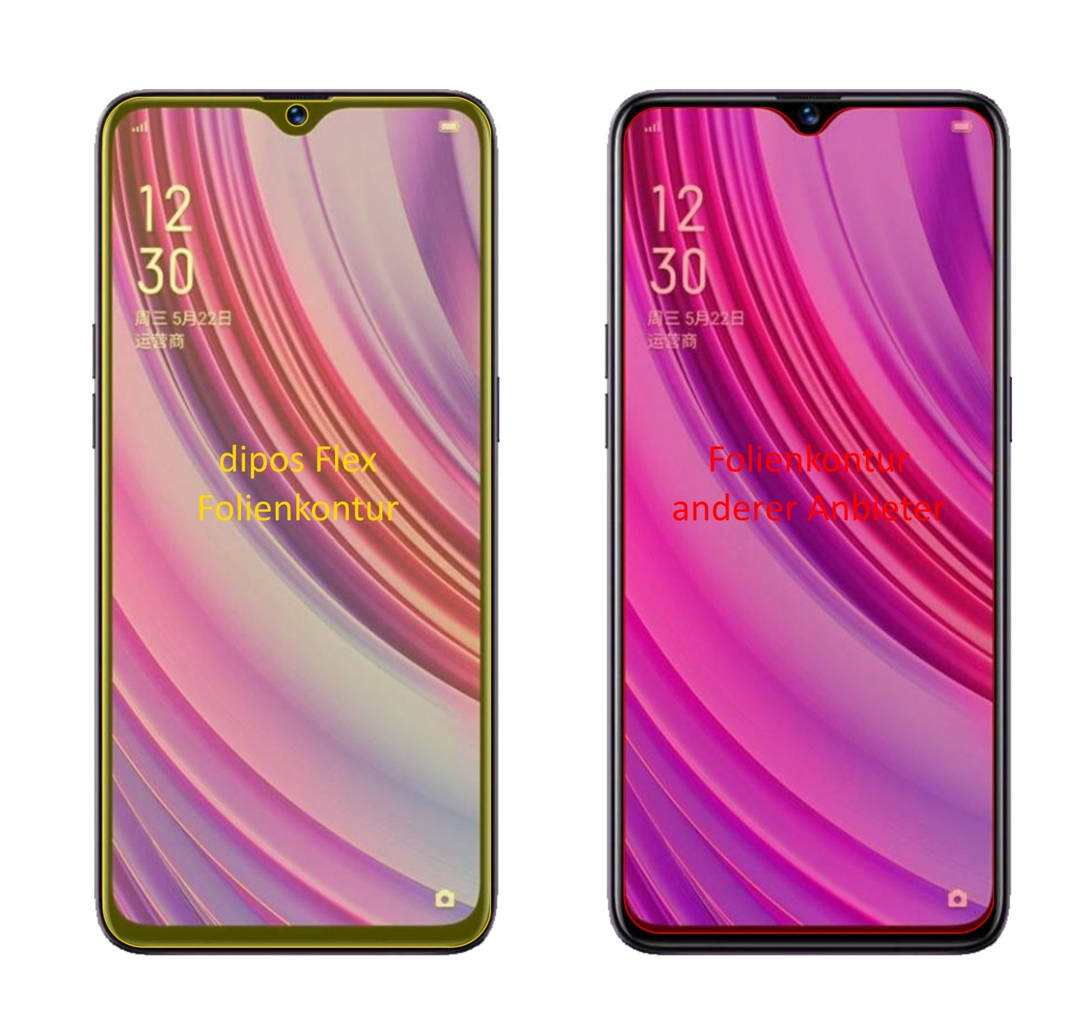 OppoRealme X Lite mit aufgebrachter dipos Displayschutzfolie, glasklare Darstellung ohne Einschränkungen
