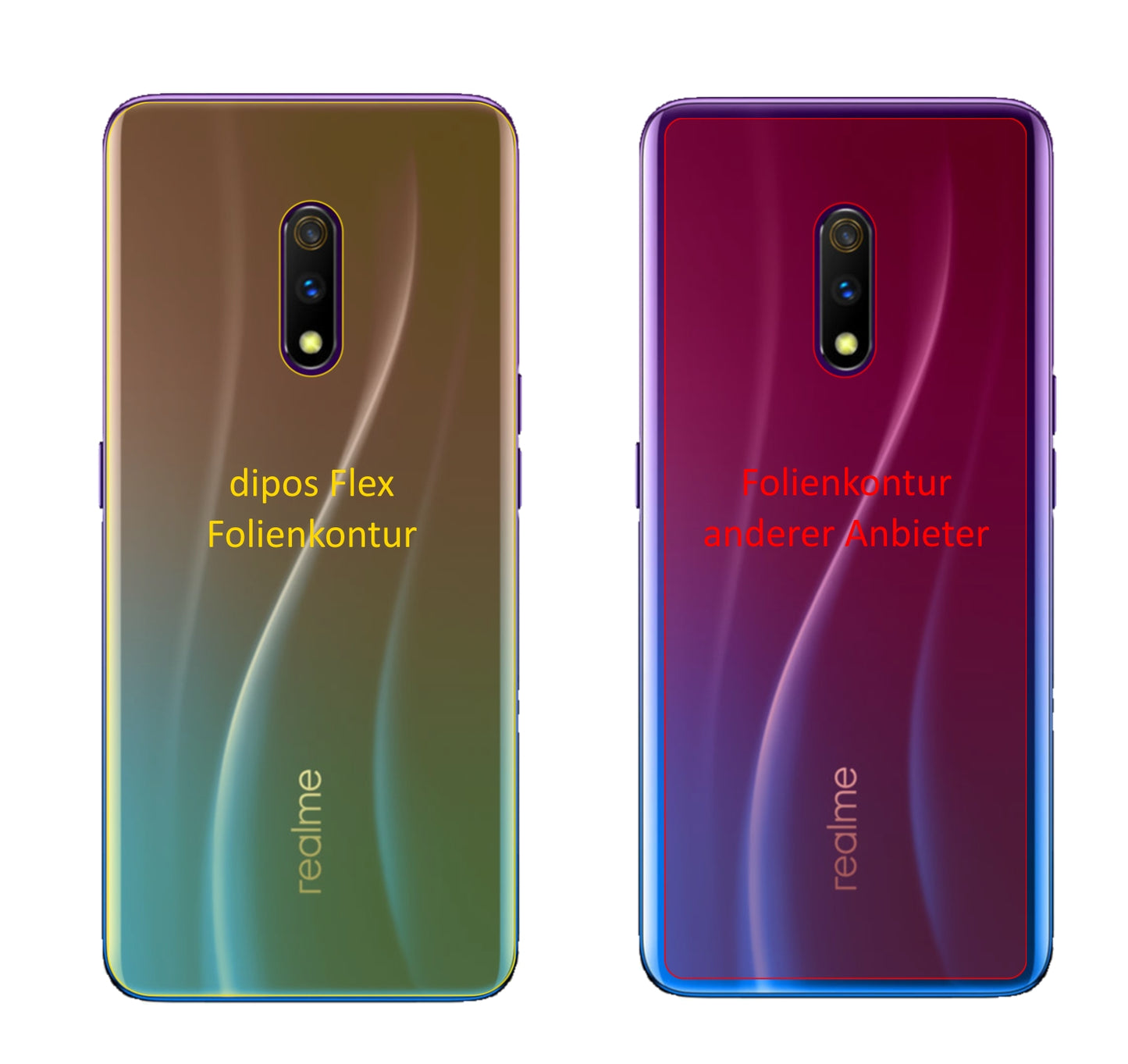 OppoRealme X Master Edition Rückseite mit aufgebrachter dipos Displayschutzfolie, glasklare Darstellung ohne Einschränkungen