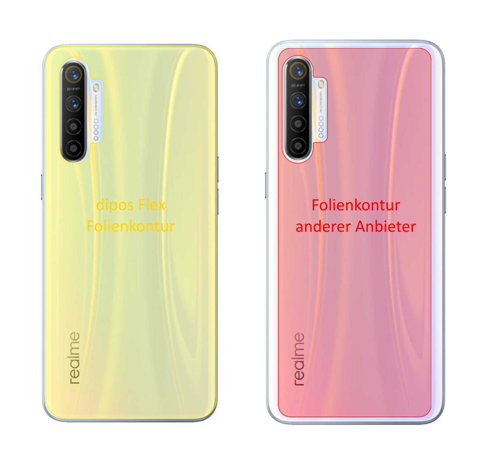 OppoRealme X2 Rückseite mit aufgebrachter dipos Displayschutzfolie, glasklare Darstellung ohne Einschränkungen