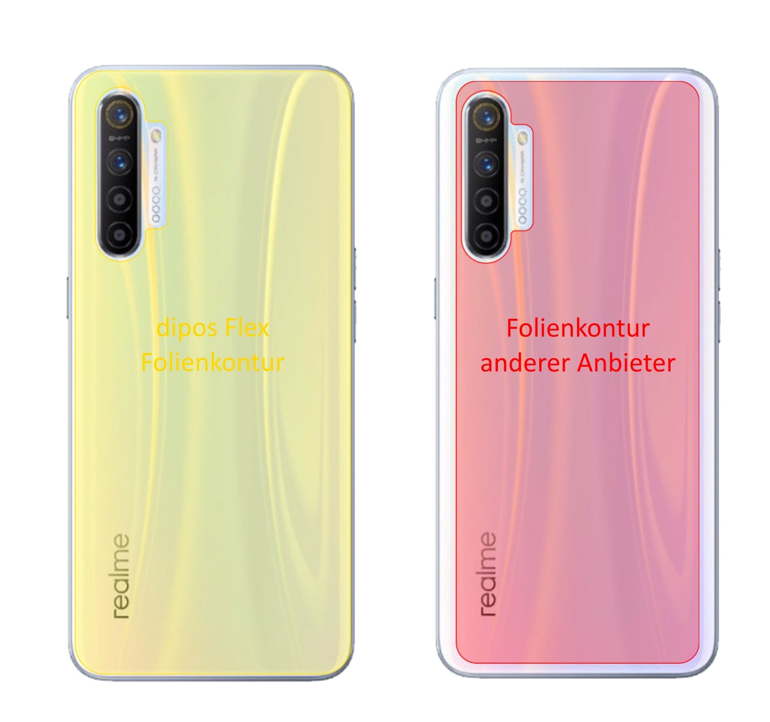 OppoRealme XT Rückseite mit aufgebrachter dipos Displayschutzfolie, glasklare Darstellung ohne Einschränkungen