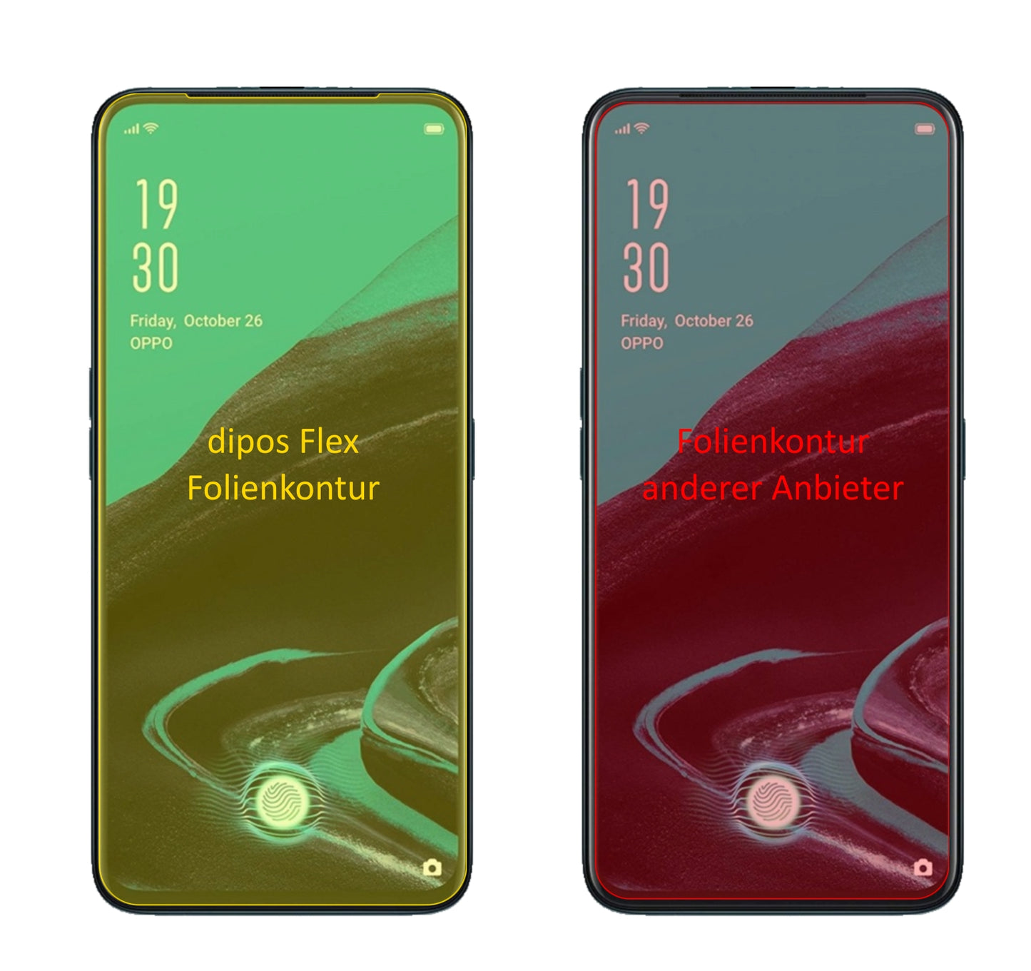 OppoReno2 Z mit aufgebrachter dipos Displayschutzfolie, glasklare Darstellung ohne Einschränkungen