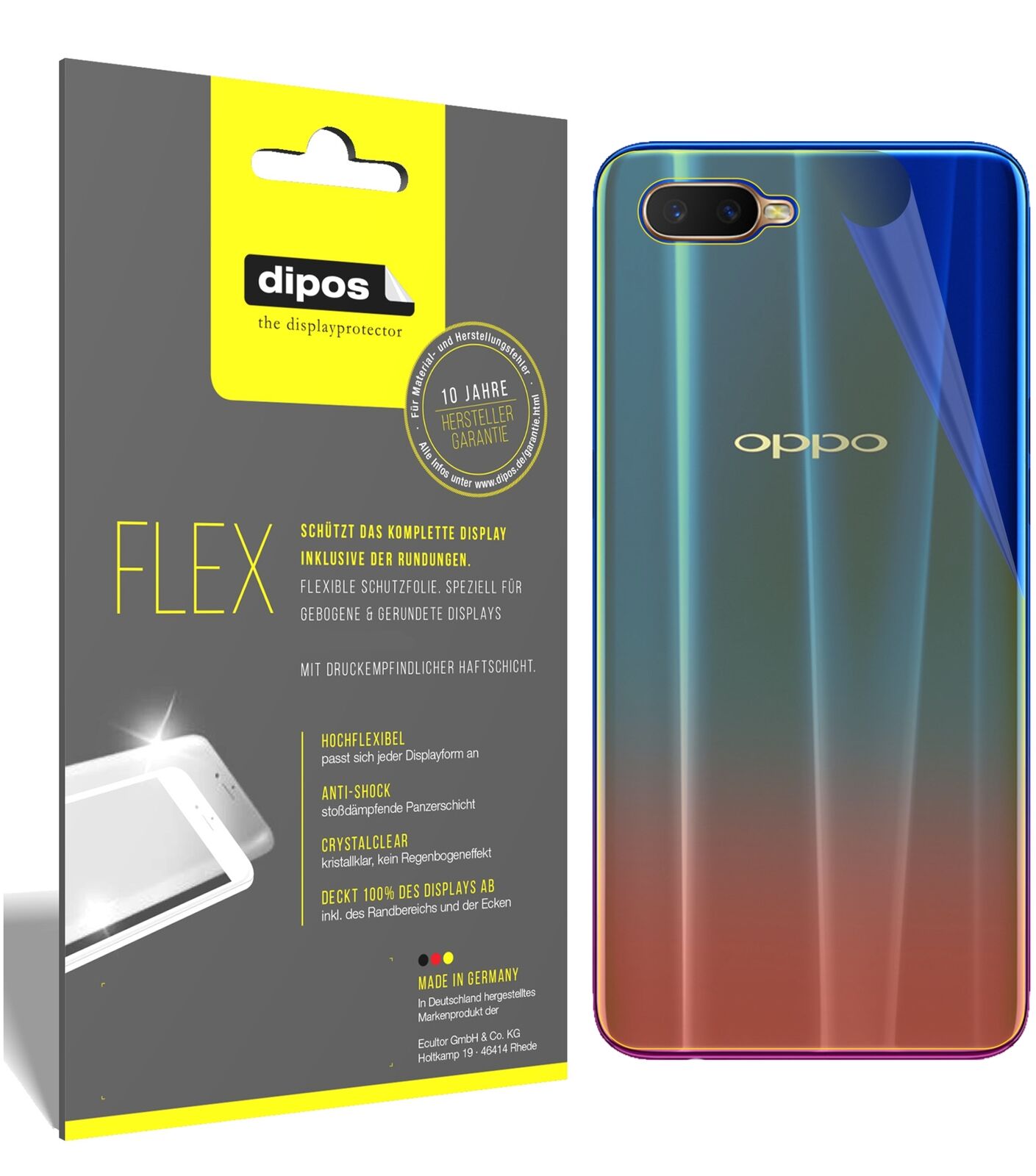 OppoK1 Rückseite mit aufgebrachter dipos Displayschutzfolie, glasklare Darstellung ohne Einschränkungen