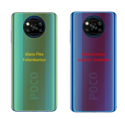 PocoX3 NFC Rückseite mit aufgebrachter dipos Displayschutzfolie, glasklare Darstellung ohne Einschränkungen